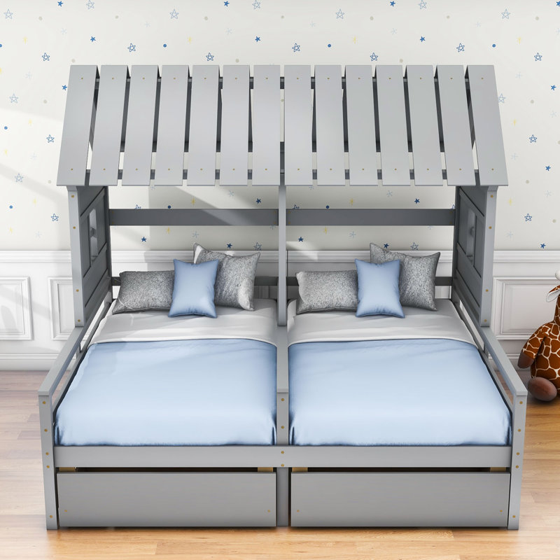 Campeon Twin Size Wood House Bed with 2 Drawers, Gray