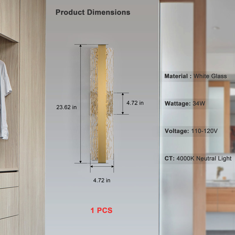 LED Dimmable Wall sconces with Water Corrugated Glass Wall Lamp, Gold, 23.62" H x 4.72" W x 3.94" D