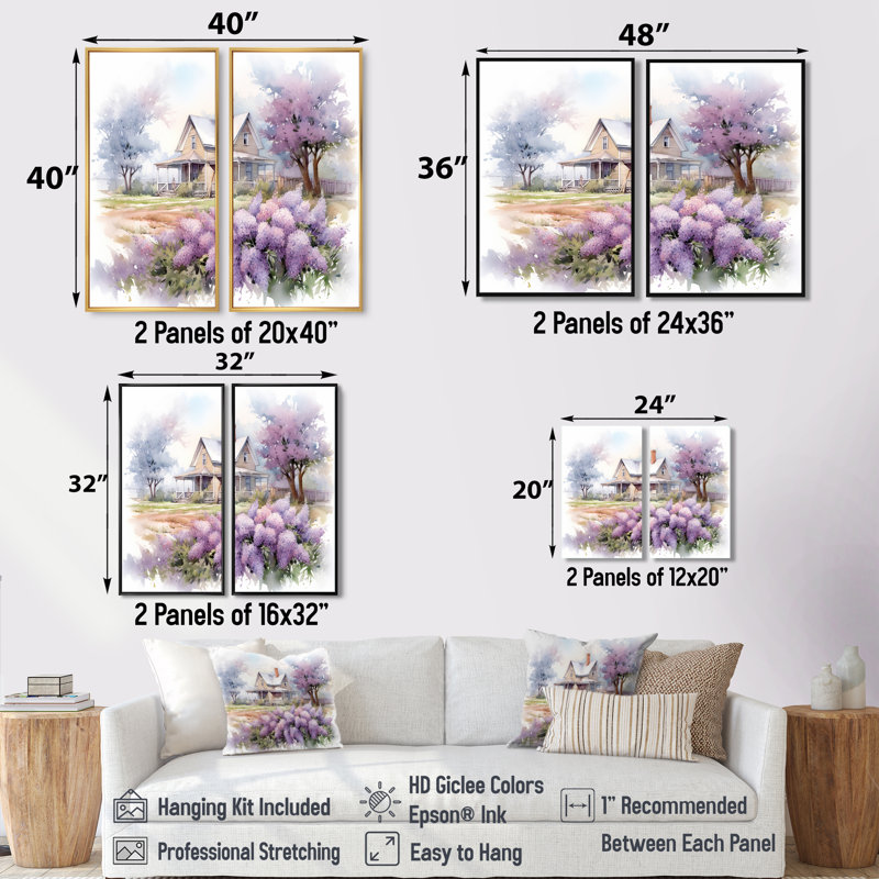 Mauve et lilas gris à la ferme - Art mural traditionnel 2 panneaux, H 36 po x l 48 po, Noir