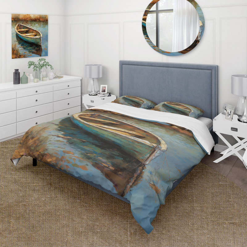 Lake Serenity Dinghy Boat Resting On The Water I - Ensemble de housse de couette Cottage - Polyester microfibre