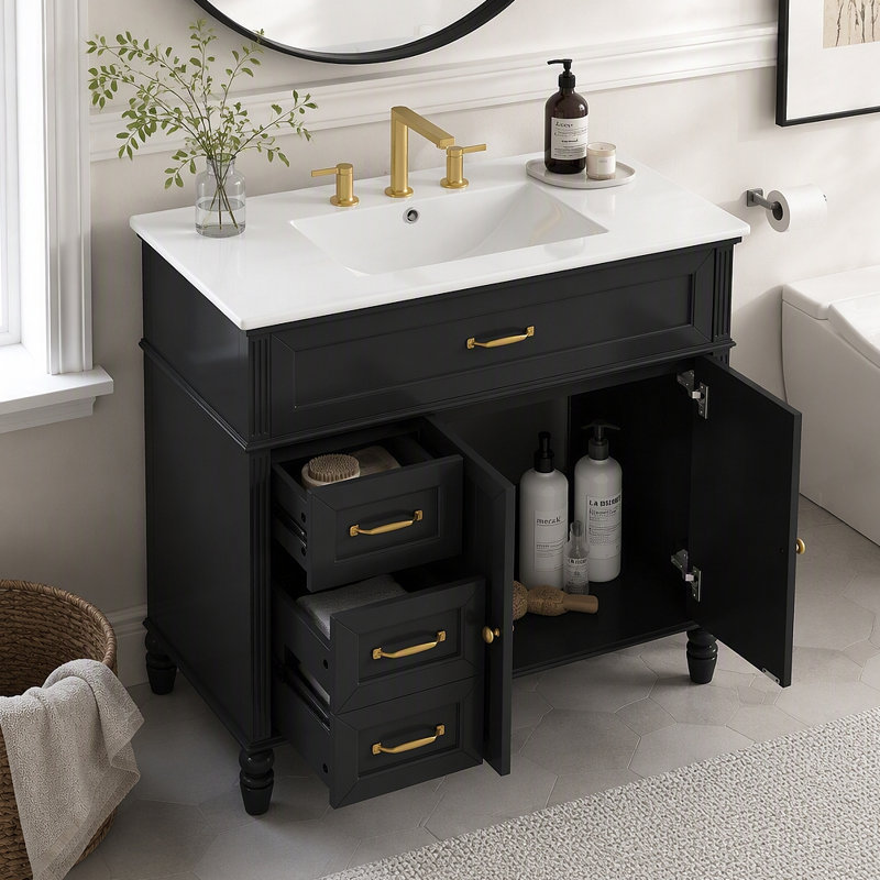 Meuble-lavabo 36 po avec lavabo, armoire de salle de bain avec tiroirs, structure solide et panneau de fibres à densité moyenne, deux ensembles