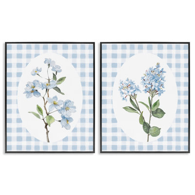 Blooms on Blue Checkered 2pc Framed Giclee Set, design by Lanie Loreth