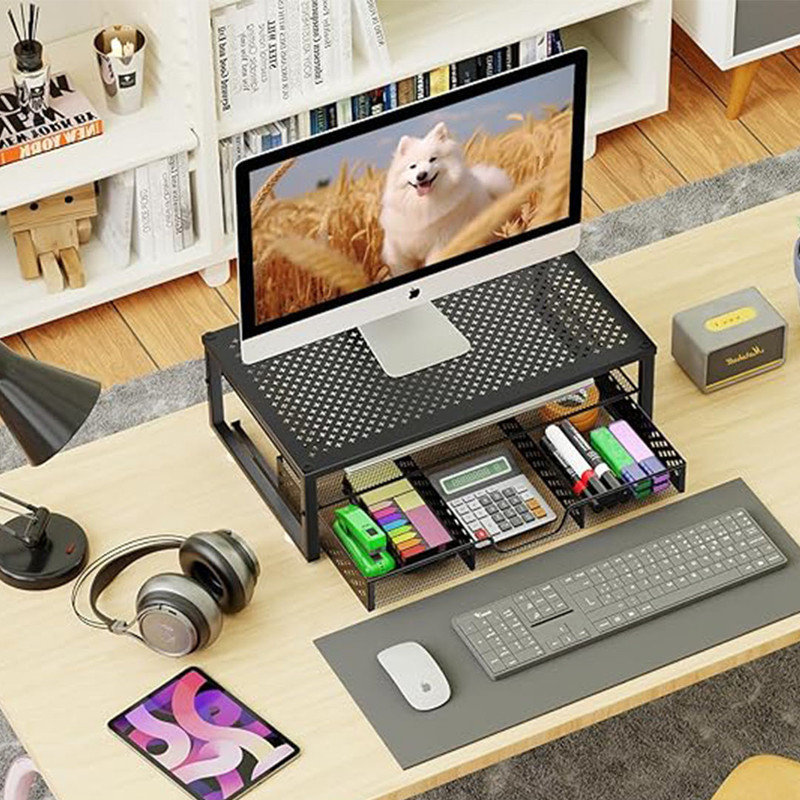2 Tier Monitor stand, Metal Monitor Stand and Computer Desk Organizer with Drawer for Laptop, Black