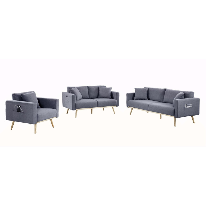 Ensemble de canapé-lit en tissu de lin gris foncé avec passe-charge USB, poches et coussins