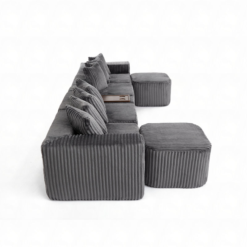 Canapé en U de 137,5 pouces avec charge USB et sans fil, table basse et repose-pieds mobile en velours côtelé gris, aucun assemblage requis, 6 sièges