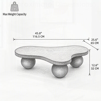 Table basse moderne Funky Unique avec une forme irrégulière abstraite, une conception en bois à profil bas et des pieds sphériques pour le salon et la chambre à coucher
