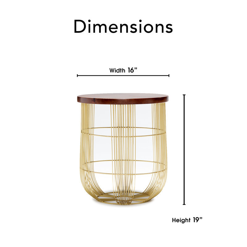 Maxwell Gold Metal Wire Base Round Side Table with Dark Brown Wood Top