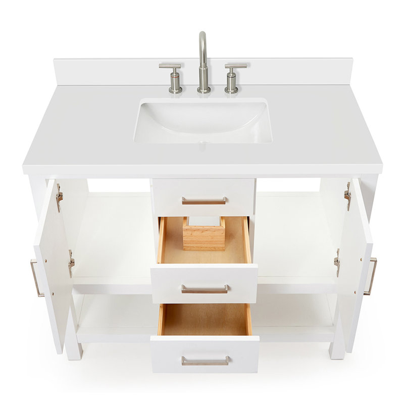 43'' Single Bathroom Vanity with White Quartz Top, White