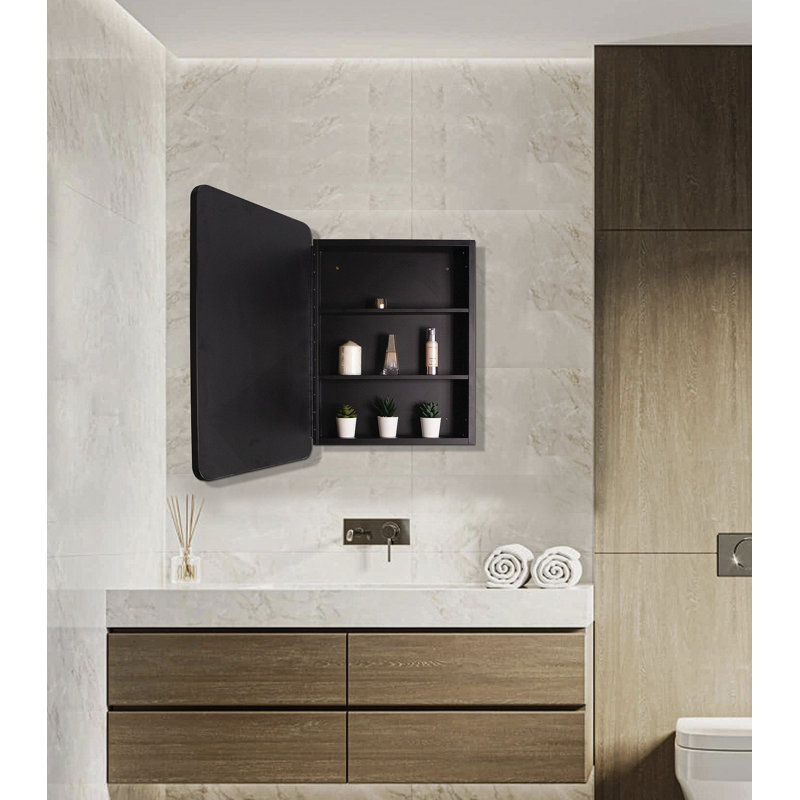 Armoire à pharmacie murale ou en métal avec miroir, H 20 po x l 28 po x P 4,9 po, Noir
