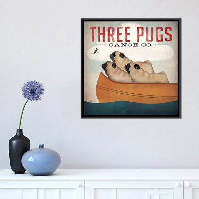 «Three Pugs in a Canoe v.3», affiche vintage sur toile tendue
