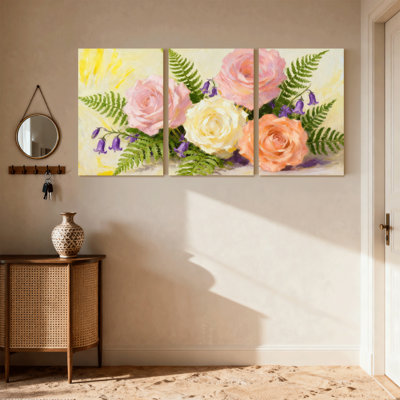 Rose Floral Bouquet With Roses And Ferns Set of 3 Canvas Wall Art Prints