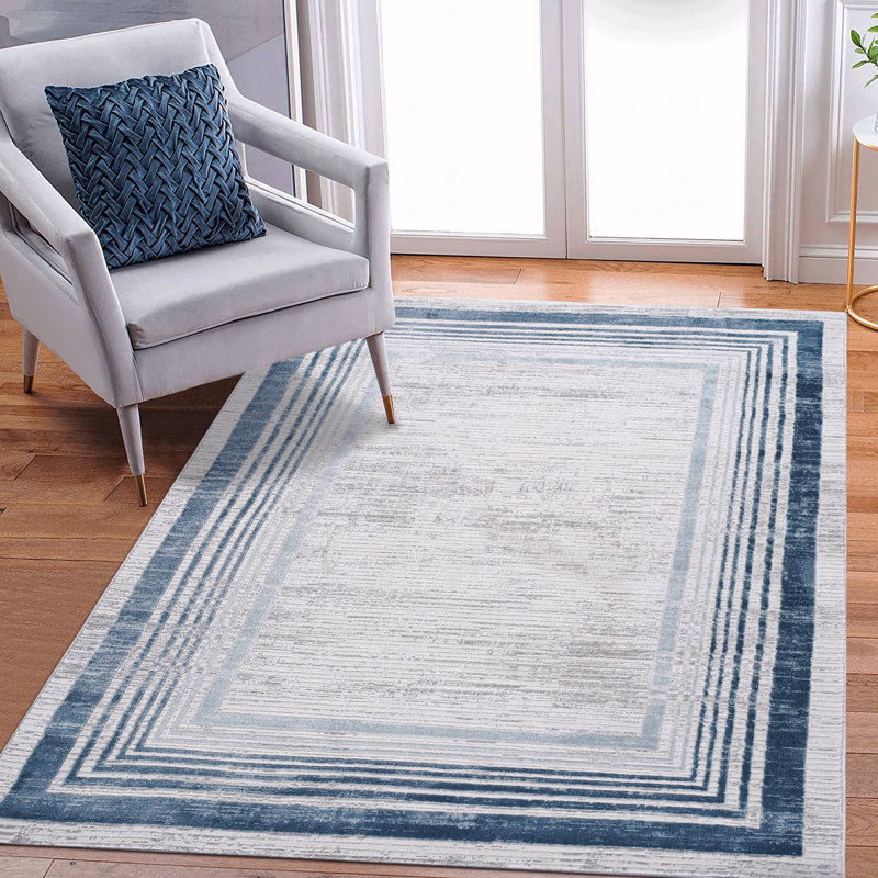 Blue Bordered Washable Area Rug, Stain Resistant, Kid & Pet Friendly, Rectangle 5'3" x 7'6"