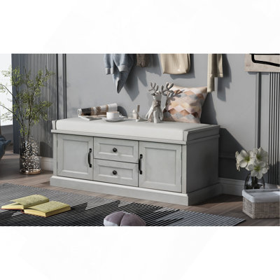 Banc de rangement avec 2 tiroirs et 2 armoires, banc à chaussures avec coussin amovible pour le salon, vestibule