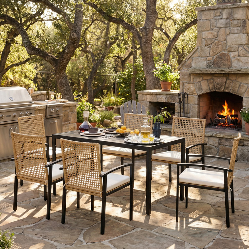 6 - Person Patio Outdoor Dining Set with Aluminum Tabletop & All-Weather Wicker Chairs
