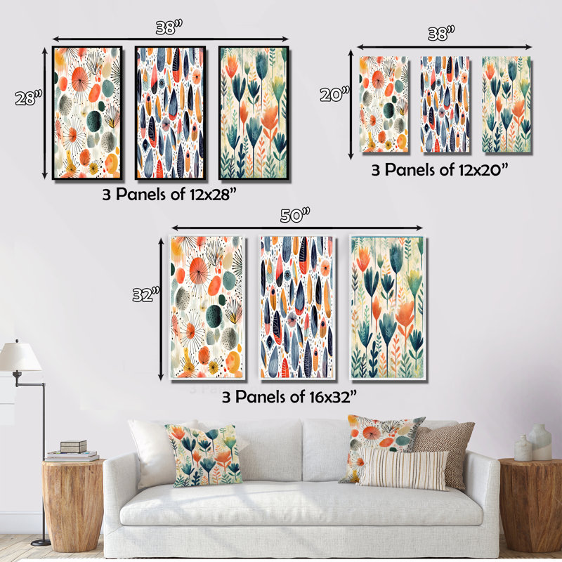 «Coral Teal Scandinave Flowers», 3 pièces, H 20 po x l 36 po, Cadre flottant blanc