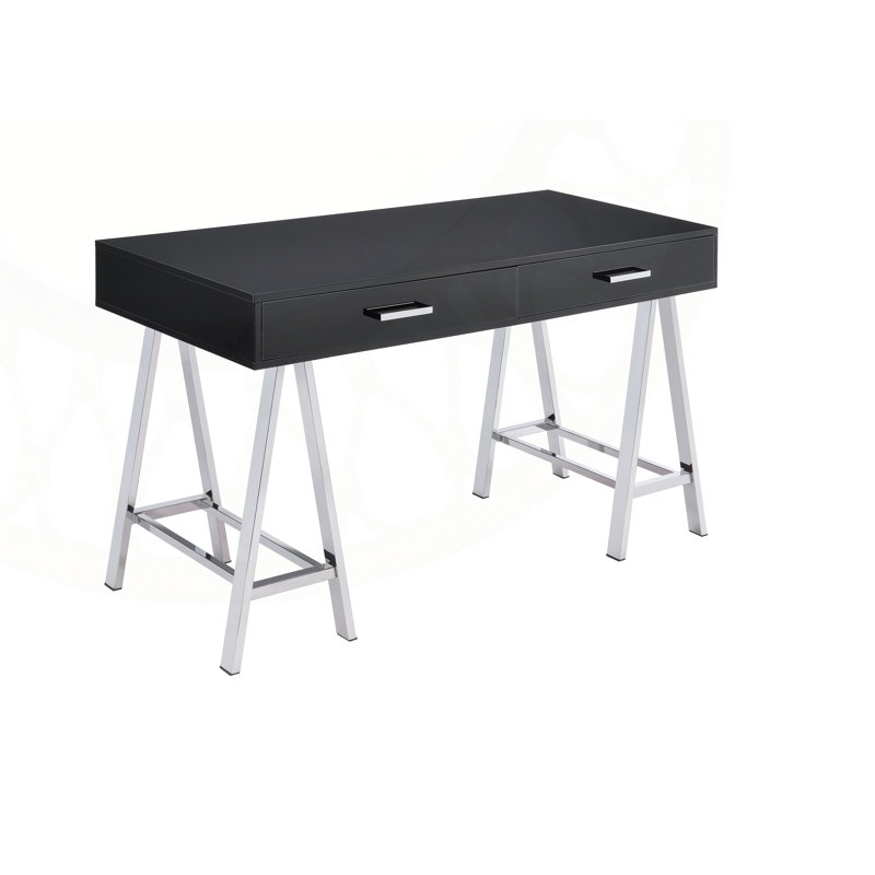 Black High Gloss and Chrome Writing Lagena with Integrated USB Charging Port for Modern Home Office, Black