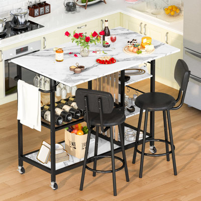 3-Piece Dining Table Set For Kitchen Breakfast Nook, Bar Table Set With Storage And Wine Shelves, With Counter Height Faux Marble Table And 2 Stools, Space Saving Bar Table And Chairs Set For Dining Room