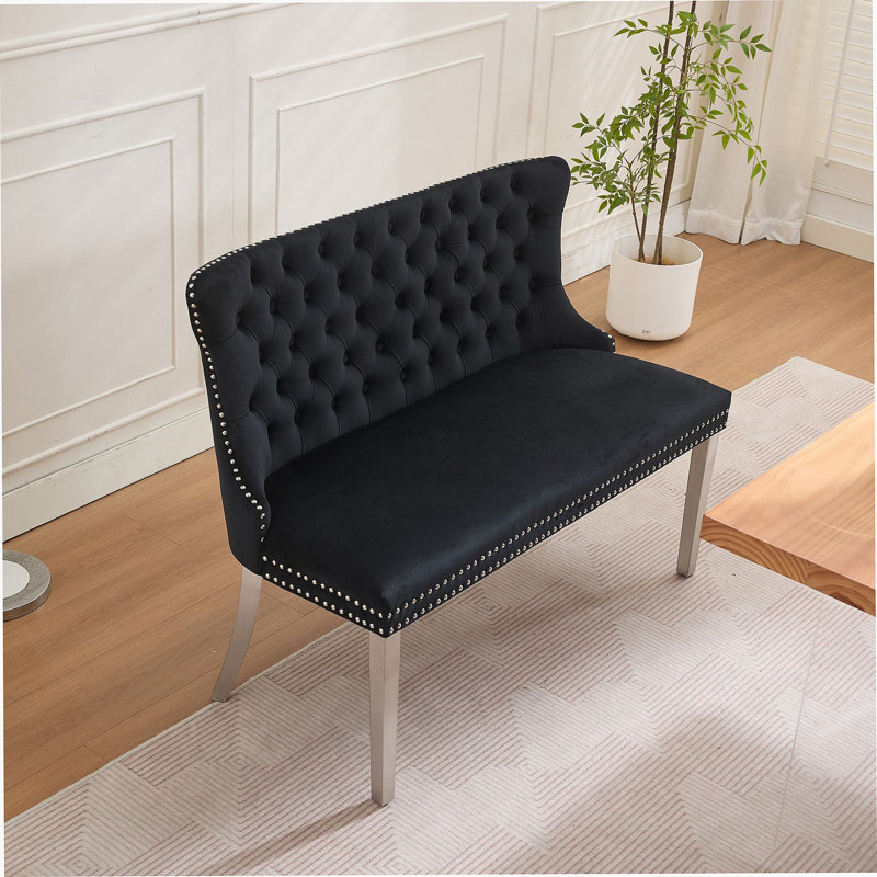 Banc en velours pour causeuse double pour la salle à manger, sièges de cuisine et de salle à manger, banc capitonné à 2 places avec boutons faits à la main, dossier à oreilles, pieds en acier inoxydable argenté brossé, style Mid-Century, paquet simple, noir