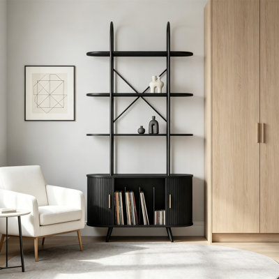 Tall Vinyl Record Player Stand, 4-Tier Arched Bookshelf with Sliding Doors, Retro Record Storage Cabinet, Black