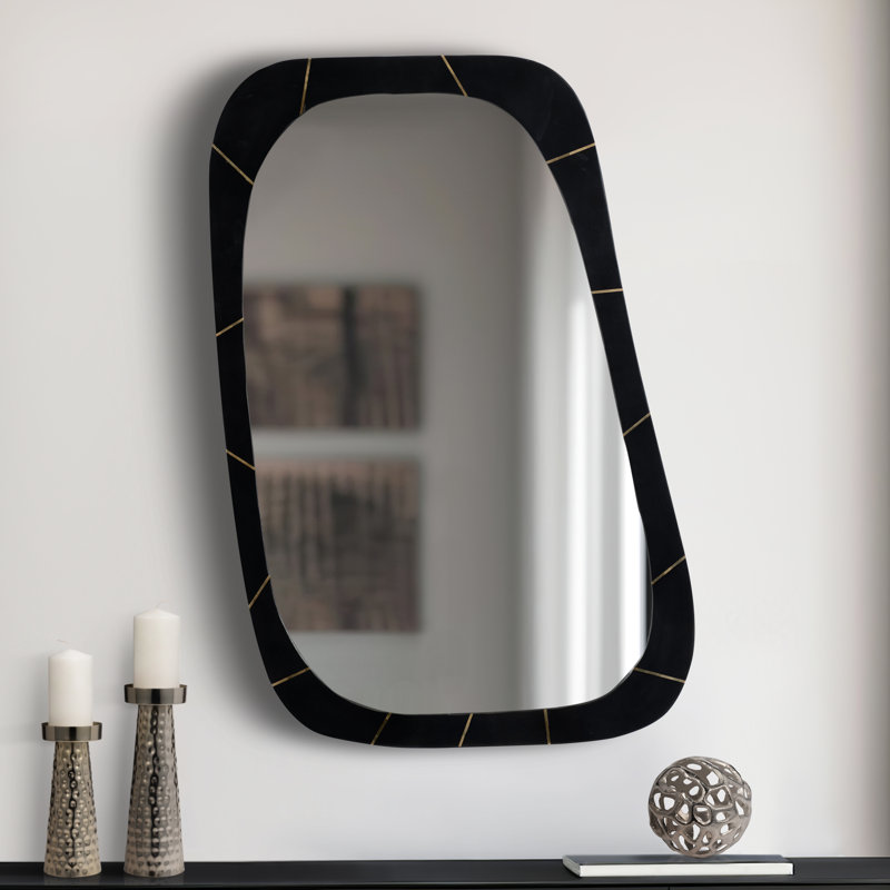 Elegant Black Resin Mirror with Brass Inlay, 36" x 21", Luxurious Wooden Wall Decor for Modern Home