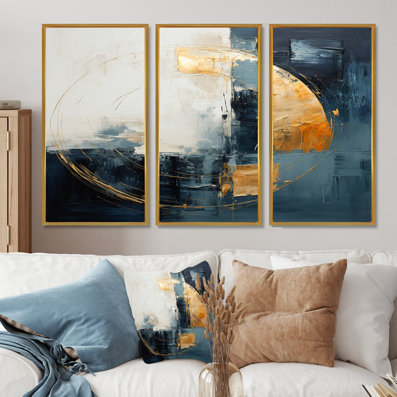 Turquoise doré blanc demi-lune - ensemble de décorations murales minimalisme, Cadre flottant doré, H 40 po x l 60 po x P 1 po