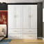 Élégante garde-robe blanche à 4 portes avec poignées en métal doré - grande capacité de rangement avec tablettes, tiroirs et tringle pour chambres