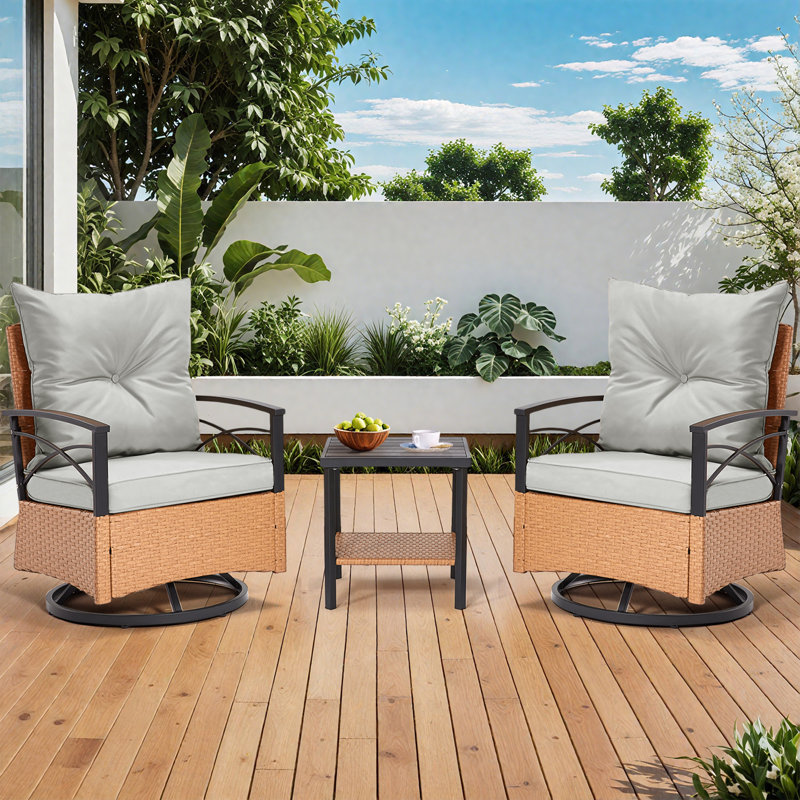 3 Pieces Patio Swivel Rocker Rattan Chairs - Outdoor Swivel Rocking Chairs With 1 Rattan Coffee Table, Perfect For Porch, Garden, And Lawn