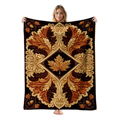 Couverture simple en flanelle JYK, en microfibre moelleuse, douce et respirante, 60 po x 80 po, feuilles d'automne damassées