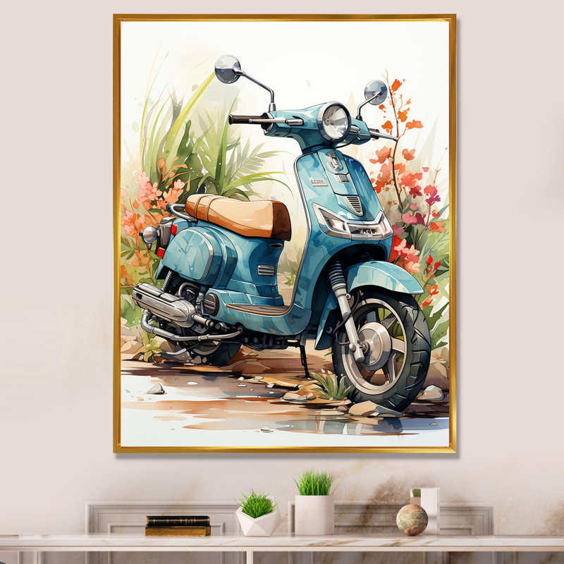 Décoration murale bleue Scooter côtier I - Scooter, H 32 po x l 16 po x P 1 po, Cadre flottant doré
