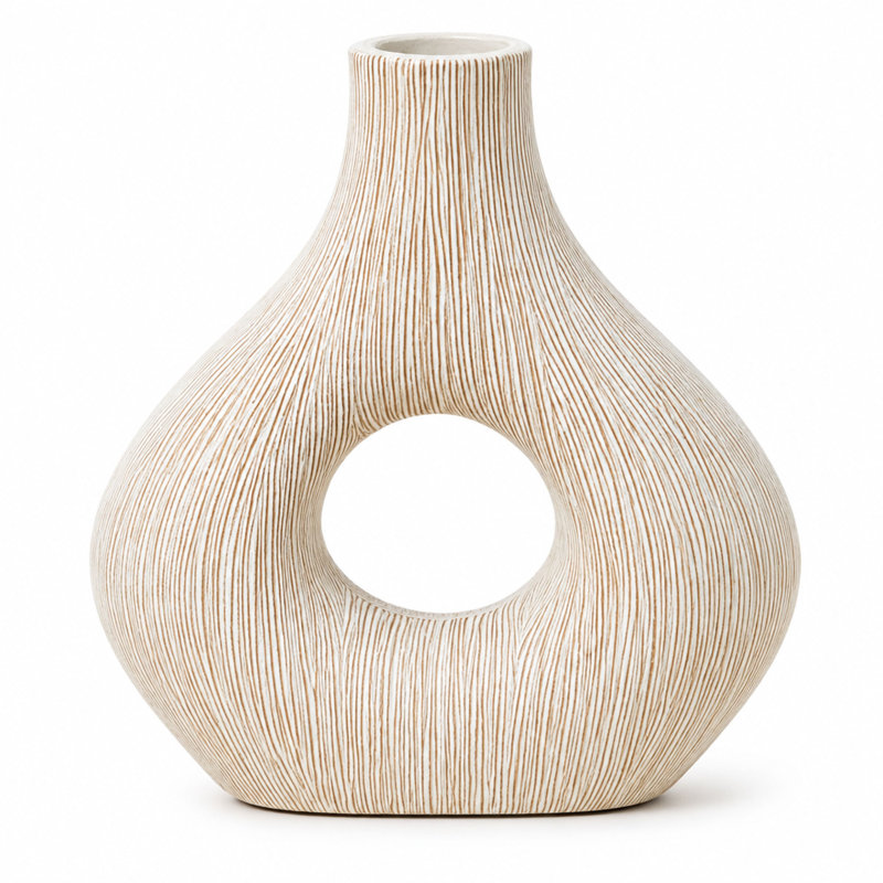 Eternity 9" Striped Textured Polyresin Decorative Table Vase, White