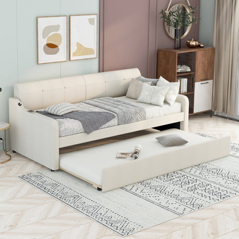 Lit de jour simple rembourré avec port USB et couchette relevable, Blanc