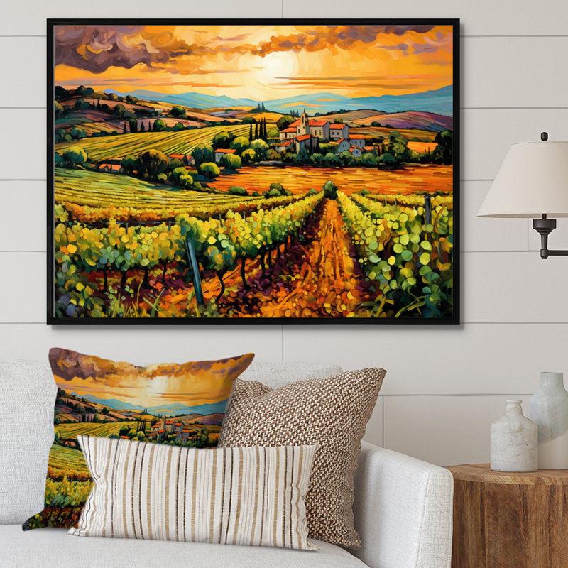 Vangogh Sunlit Vineyards I - Vineyard wall art inspired by Vincent Van Gogh Painting Print, 30" H x 40" W, Black