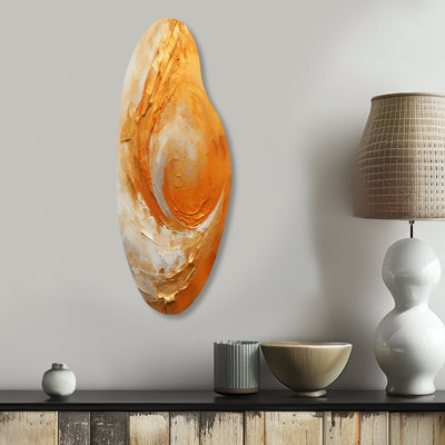«Gold Orange Desert Mirage Spiral II - Abstract Spirals», art mural asymétrique en métal, impression d'art en métal à forme libre dorée