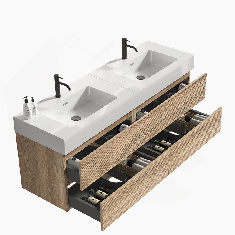 Meuble-lavabo de 60 po avec lavabo à quartz en chêne et tiroirs noirs doux Grace
Bassin, KD, 60"
