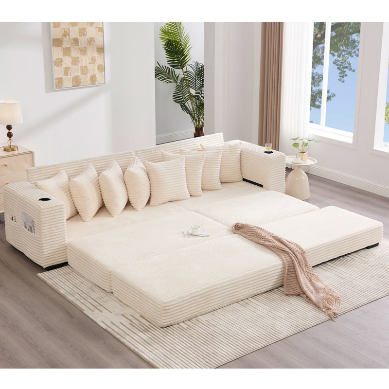 110.75" Modular L Shaped Sofa, Corduroy Fabric Sectional Couch,With A Movable Footstool, Cup Holders,Bring 8 Throw Pillows,Side Pocket,Unfold Into A Bed,Beige
