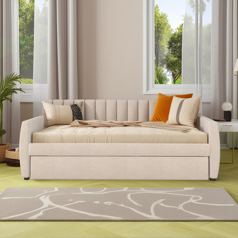 Upholstered Daybed With Trundle And Wood Slat Support, Beige