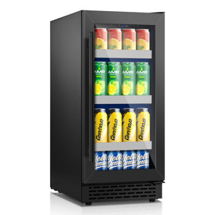 15 Inch Black Beverage Refrigerator,  130 Cans Under Counter Beverage Fridge with Stainless Steel Shelves/LED Light for Freestanding /Built In