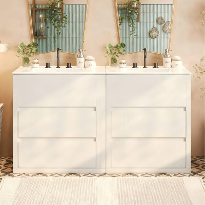 60" Double Sinks Bathroom Vanity Set, Bathroom Cabinet with Two Separate Ceramic Sinks, Full-Extension Drawers & Soft Close Undermount Drawer Slides, White