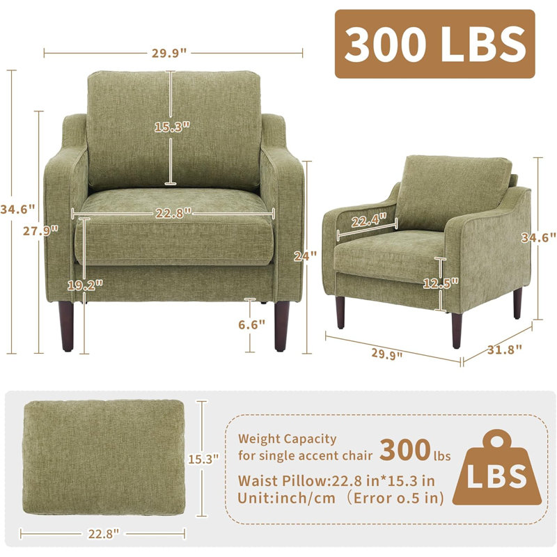 Chaise d'appoint Mid-Century, chaises de salon modernes et confortables, fauteuil rembourré en tissu de lin, Vert