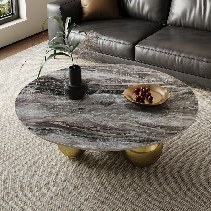 Table basse ronde moderne 39,4 po, plateau en pierre frittée avec base en acier inoxydable, Plateau noir / base or