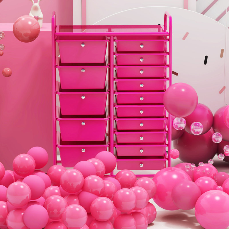 Hot Pink Steel Frame 15-Drawer Rolling Storage Cart
