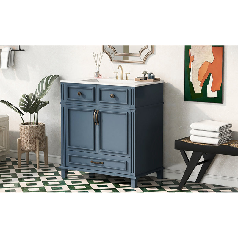 Meuble-lavabo de salle de bain rétro bleu 30 po avec structure en bois massif, lavabo en céramique, tiroir à fermeture en douceur, glissière de tiroir lisse, meuble-lavabo à rainure unique, style, lavabo brillant, charnières, quincaillerie exquise