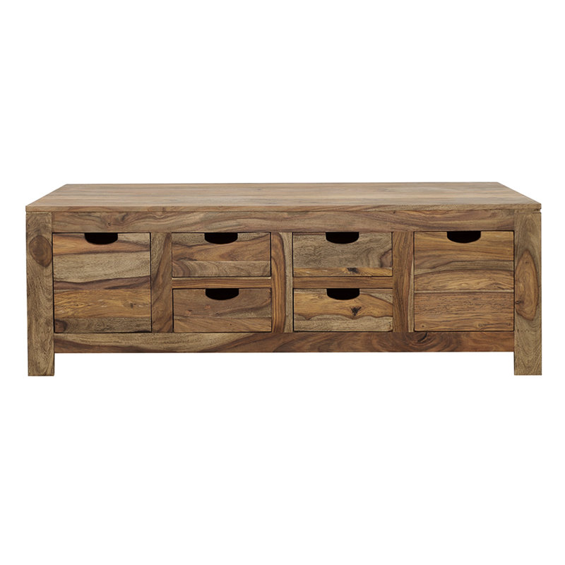 Table basse rectangulaire naturelle à 6 tiroirs, aspect chaleureux, base facile d'accès, grâce intemporelle, grande pièce