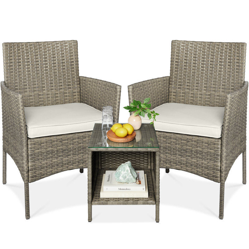  3-Piece Outdoor Wicker Conversation Patio Bistro Set, W/ 2 Chairs, Table, Taupe, White Sand