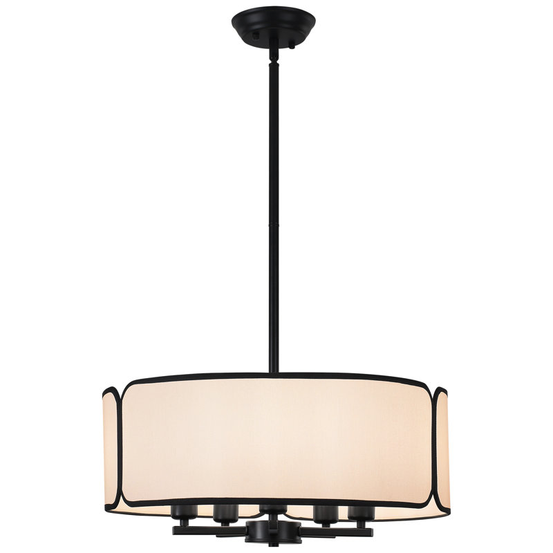 5 - Light 19.69“ Modern Drum Chandelie With White Fabric Drum Shade For Kitchen Island Living Room Bedroom, Matte Black