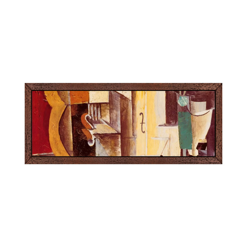 Violin & Guitar by Pablo Picasso - Panoramic Painting on Canvas, 30.48 cm H x 91.44 cm W, Brown Framed