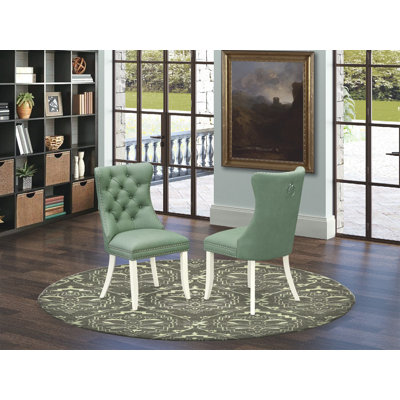 Denison Parson Kitchen Chairs - Button Tufted Nailhead Willow Green Polyester Fabric Upholstered Dining Chairs, Set of 2, Linen White