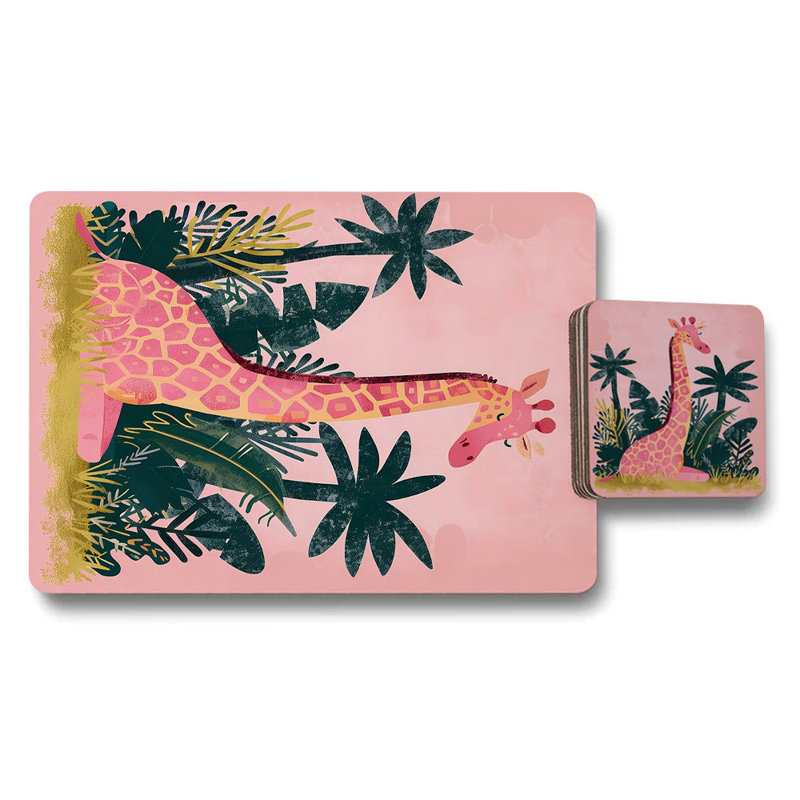 Giraffe Motif Placemat And Coaster Set 12 Pieces Art Print Collection Wood Backed Limited Edition