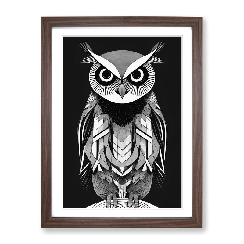 Owl Monochrome No.4 - Framed Print, 64cm H x 46cm W x 2cm D, Walnut