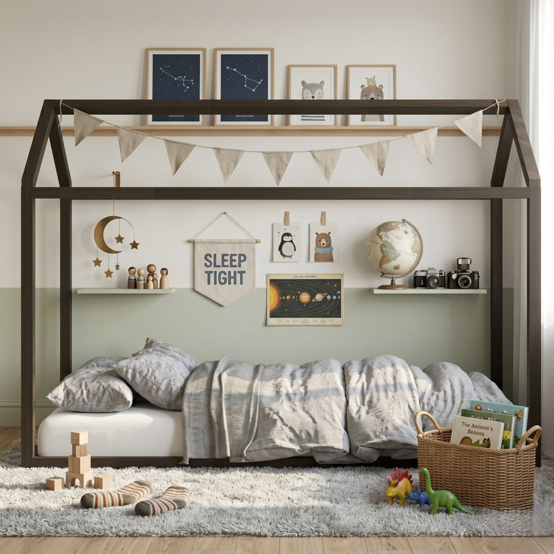 Structure de lit à baldaquin en bois massif pour enfants, Lit simple, Taupe